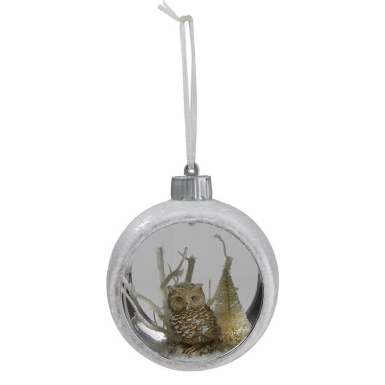 NorthLight 34314349 3.75 in. Round Cutout Owl Christmas Ornament, Silver &#x26; White
